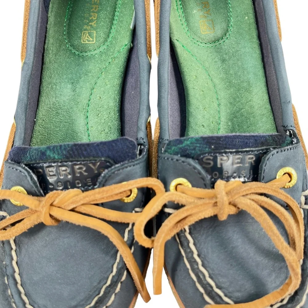 Sperry Top-Sider | Goldfish Navy & Green Plaid Wedge Heels Boat Shoes Women’s 6M